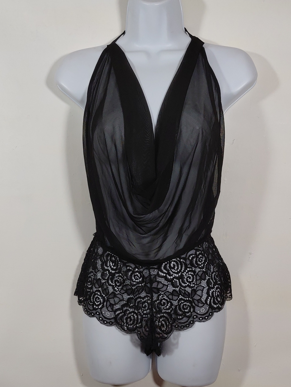 AvidLove Black Lacy Sheer Cowl Neck Teddy Size Medium